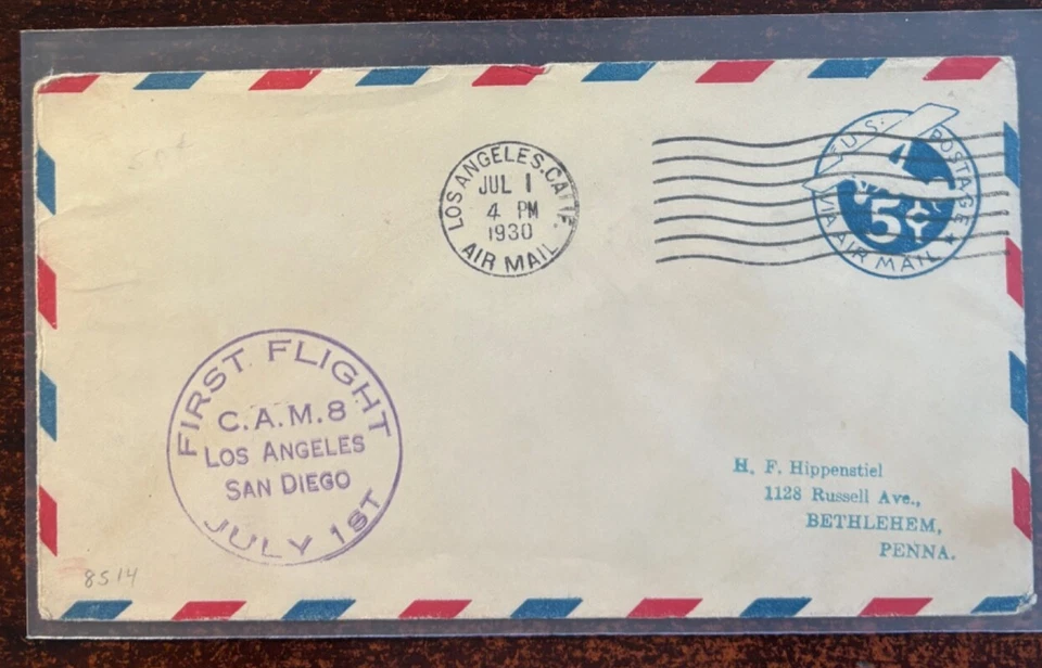 First Flight CAM-8, Los Ángeles, CA 7/1/1930, sobre avión azul Foto 1 de 1