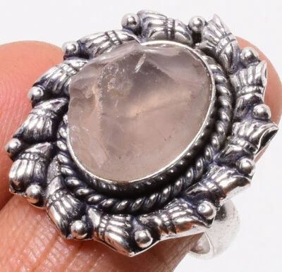 Anillo de mano de plata esterlina 925 con piedras preciosas en bruto de cuarzo rosa joyería EE. UU. 7 ajustable Foto 1 de 2