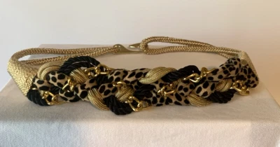 Cinto de cintura elástica 30 32 P/M estampa de chita tom dourado corda de corrente de metal bege vintage - Imagem 1 de 4