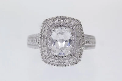 Argento Sterling Ovale Creato IN Laboratorio Bianco Zaffiro & .02ct Diamante - Immagine 1 di 4