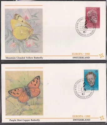 SWITZERLAND 1985 2 FLEETWOOD FIRST DAY COVERS EUROPA MUSIC + BUTTERFLY CACHET - Image 1 of 2