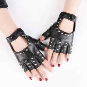 1 Pair Pu Leather Fingerless Gloves Female Half Finger Punk Gloves Rivets Gloves - Picture 1 of 11