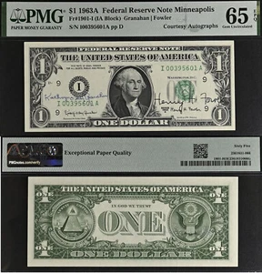 1963A $1 Federal Reserve Note - PMG 65EPQ - Courtesy Autographs Granaha/Fowler - Picture 1 of 3