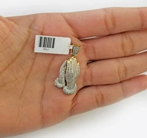 10k Real Gold Praying Hand Pendant Genuine Diamonds 10kt Gold Charm Men Women - Picture 1 of 9