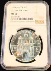 1973 MALTA SILVER 2 POUNDS TAL IMDINA GATE NGC MS 66 STUNNING LUSTER TOP POP 1 - Picture 1 of 5