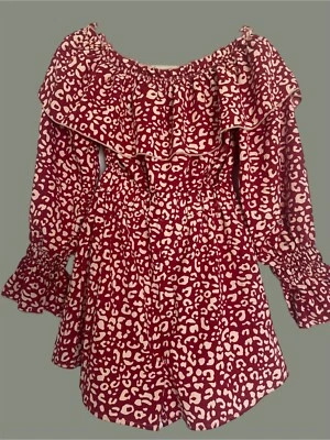 Off Shoulder 1Pc Romper Bell Long Sleeves Red Leopard Print Jumper Womens Small - Image 1 of 2