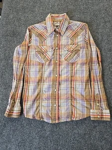 True Religion Western Shirt Womens XL Brown Purple Plaid Pearl Snap Long Sleeve - Picture 1 of 9