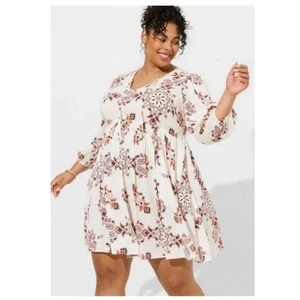 Torrid Paisley Woven V-Neck 3/4 Sleeve Pleated Swing Dress Boho White Size Large - Bild 1 von 6