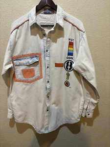 VTG 90s Exhaust Button Up Denim  L/S Shirt Hip Hop Streetwear Mens L Embroidered - Picture 1 of 10