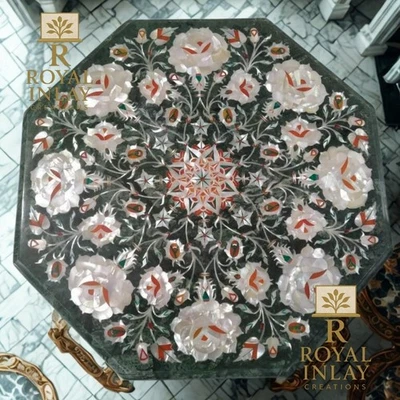 Handmade Marble Tabletop Inlaid with Mother of Pearl Floral – Octagon Design - Image 1 of 4