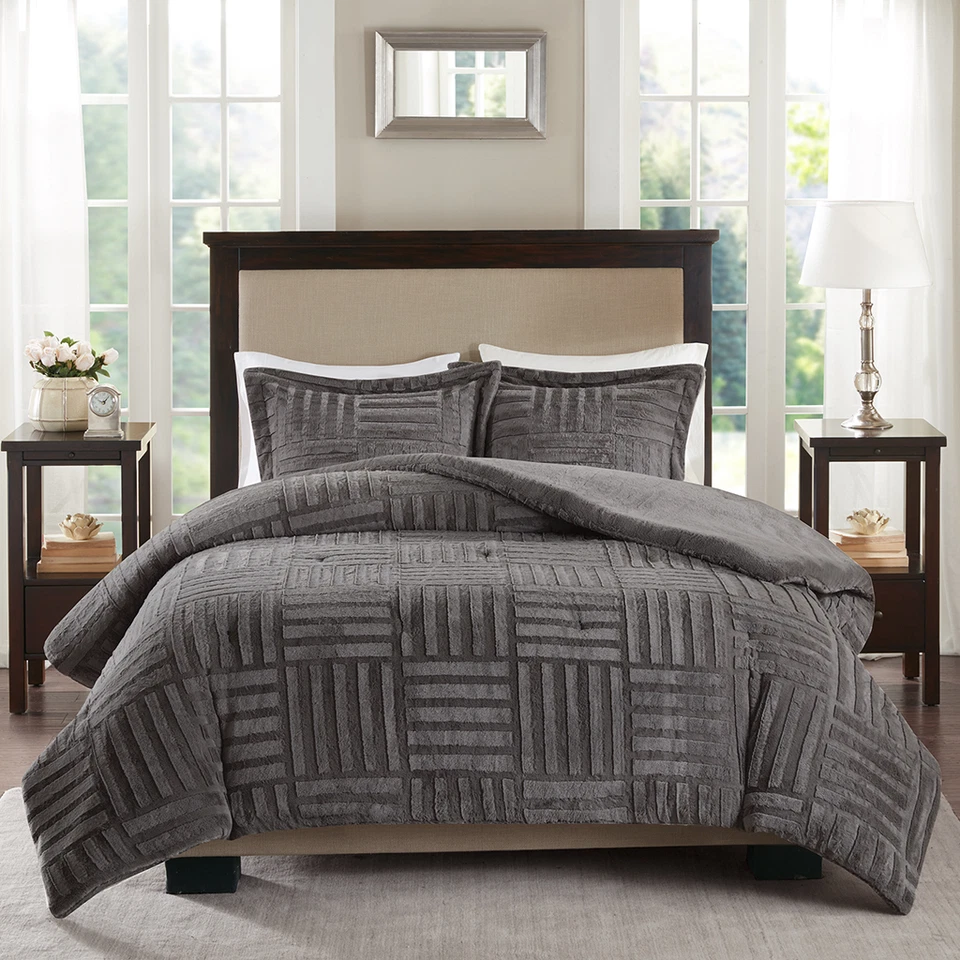 Ultra Plush Super Soft Warm Cozy Texture Fur Stripe Charcoal Grey Comforter Set