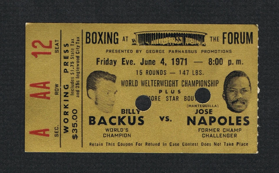 Boleto de boxeo raro 1971 Campeonato Mundial José Nápoles vs Billy Backus Foto 1 de 1