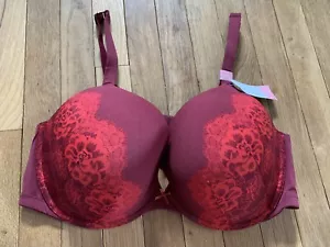 Size 46D Lane Bryant Cacique Smooth Boost Plunge Bra Red Lace Push Up Nylon Sexy - Picture 1 of 7