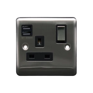 Caradok 1G 13A Switched Socket 2 USB A 2.1A Brushed Black Insert - Picture 1 of 1