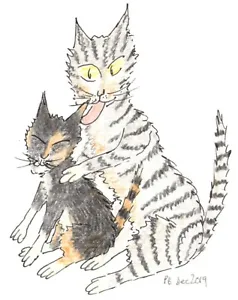 Card: "Grey Striped Cat & a Tortoiseshell Kitten" #PeterBrighouseIllustrator - Picture 1 of 11