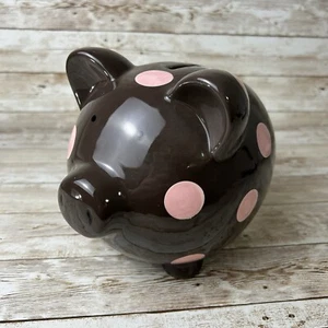 Elegant Baby Ceramic 1st Piggy Bank Dark Brown Pink Polka Dots *NO STOPPER PLUG - Picture 1 of 13