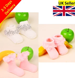 2 Pack Cotton Baby Socks Flower Girl Socks with Frilly Lace Organza Ruffle 0-12m - Picture 1 of 10