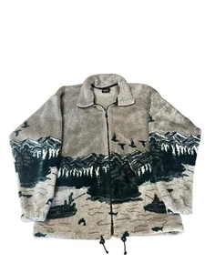 Men’s Sherpa Vintage Zip Up Fleece Size L Mountain Bird Boat Pattern Mezmania - Picture 1 of 4