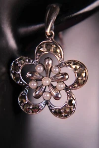 Sterling Silver Flower Earrings with Marcasite and Pearls Elegant and Dainty - Picture 1 of 9