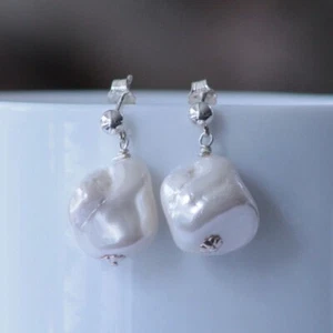 Handmade Baroque Faux Pearl Earrings, 925 Sterling Silver, White  - Picture 1 of 5