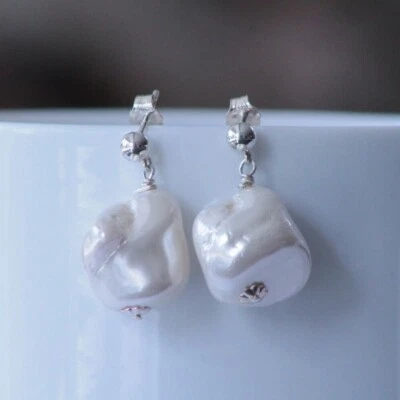 Handmade Baroque Faux Pearl Earrings, 925 Sterling Silver, White  - Image 1 of 4
