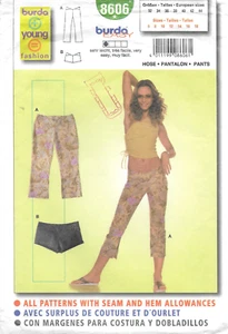 Uncut Burda Sewing Pattern 8606 Hip Hugger Capris Pants & Short Shorts Size 6-18 - Picture 1 of 2