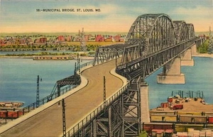 Municipal Bridge Postcard St. Louis MO Linen 2 Mile Long - Imagen 1 de 2