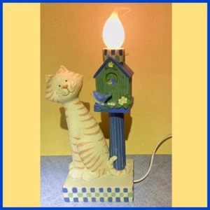 Cat Yellow Orange Tabby Blue Bird Birdhouse Accent Lamp Flower Checkered 10” H - Picture 1 of 10
