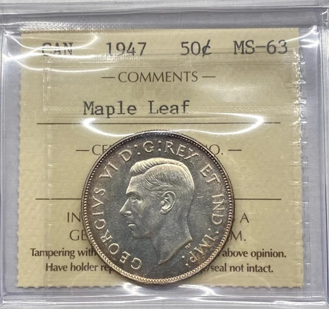 Canada 1947 S7 Maple Leaf  50c Silver Coin - ICCS MS-63 Cover