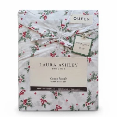 Laura Ashley Cotton Percale QUEEN Sheet Set Red Berry Bright Christmas Holiday - Image 1 of 4