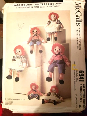 Mccalls 6941 Raggedy Ann & Andy in 3 Sizes 15" 20" 25" Pattern Transfer Uncut - Image 1 of 3