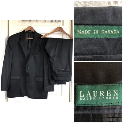 Traje De Colección Años 90 Ralph Lauren Etiqueta Verde Lana Cachemira 42R Calce Clásico Negro Canadá Foto 1 de 4