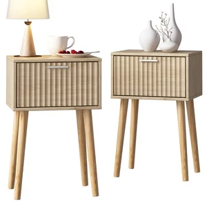 Nightstands Set of 2, Small Side Table, Bedside Table with Fluted Door, Solid... - Picture 1 of 7
