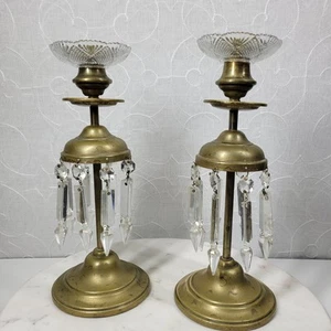Antike Messing Girandole Kerzenständer 11" Gold 8 klare hängende Kristalle 2er Set - Bild 1 von 24