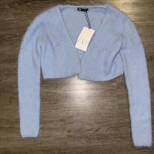 NWT Zara Cropped Cardigan Fuzzy Lt. Blue Size Small - Picture 1 of 6