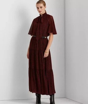 Vestido para mujer Lauren Ralph Lauren talla 10 rojo negro estampado de hojas falda en capas nuevo con etiquetas Foto 1 de 4