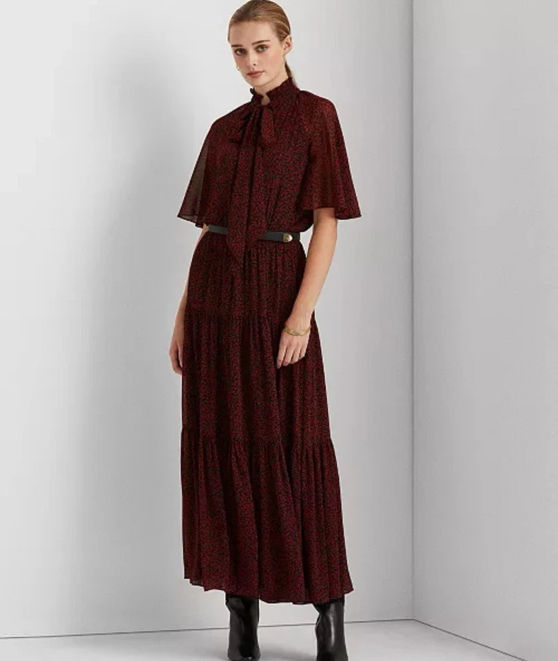 Vestido para mujer Lauren Ralph Lauren talla 10 rojo negro estampado de hojas falda en capas nuevo con etiquetas Foto 1 de 4
