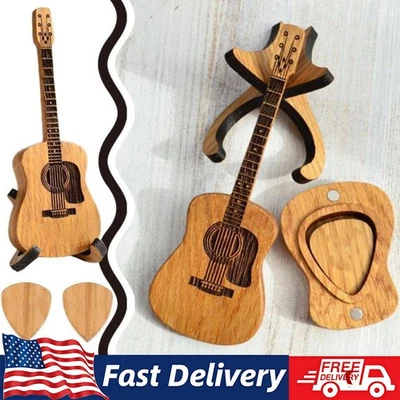 Wooden Acoustic Guitar Pick Case Holder with 3 Guitar Picks Guitar Pick Box Gift - Image 1 of 4