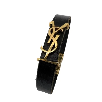 YVES SAINT LAURENT YSL Logo Gold Leather Bracelet Bangle Black Authentic #831 - Image 1 of 4