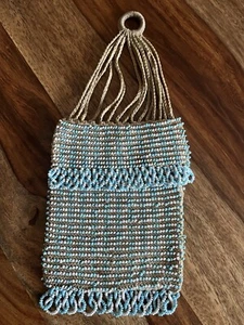 Vintage 1920's Blue & White Seed Bead Flapper Art Deco Finger Ring Purse - Picture 1 of 7