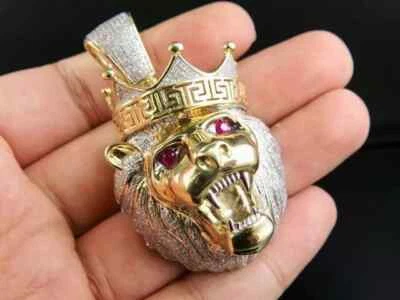 Mens Hip Hop 14K Yellow Gold Plated 1.90Ct Lab Created Diamond Lion Head Pendant - Image 1 of 4