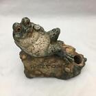 Vintage Clay / Pottery Laid Back Frog Holding Rose Rain Gauge Holder WELCOME
