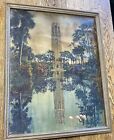 Vintage Bok Tower In Lake Wales, Fl.,Scene Lithograph W Flamingos Wood Frame
