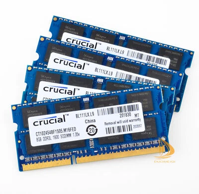4pcs DDR3L 8GB RAM Crucial 2Rx8 PC3L-12800S SO-DIMM Laptop Intel 1600Mhz Memory! - Image 1 of 4