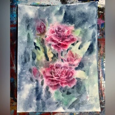 Original Painting Roses watercolor Garden decor impressionist Art Artettina USA - Image 1 of 4