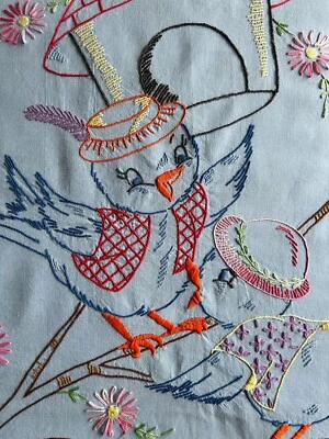 Vintage Tablecloth 44x59 Blue Embroidered Needlepoint Playful Birds Tree House - Image 1 of 4
