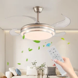 42'' Modern Nickel LED Ceiling Fan Light Retractable Kit Flush Mount With Remote - Picture 1 of 12