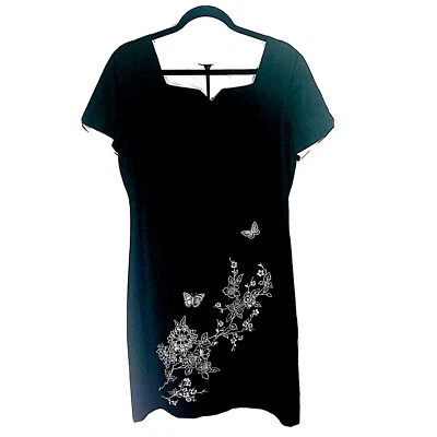 Womens 12 Black Dress Linen Blend Embroidery Cutouts Butterfly Shift Lined LBD Foto 1 de 4