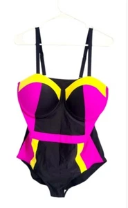 Funky Fun 80er Vide Abstract Badeanzug Gr. XXL 1-Teiler Pink Schwarz & Gelb Full  - Bild 1 von 8