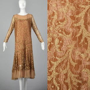 S 1930s Golden Brown Lace Dress Chiffon Hem Art Deco Evening Cocktail Formal 30s - Picture 1 of 11